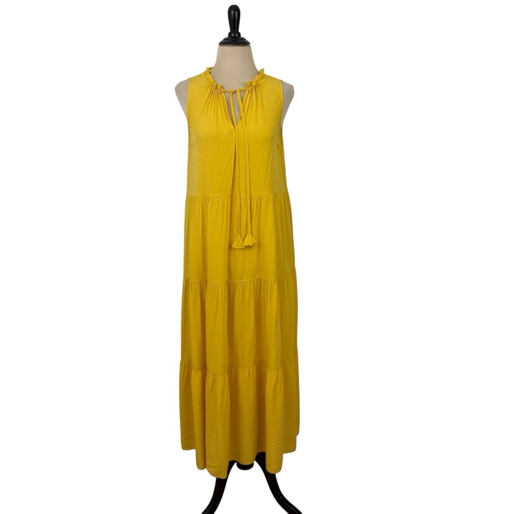 MAX STUDIO Tiered Ruffle Maxi DRESS S Sleeveless Yellow Empire Summer Cottage